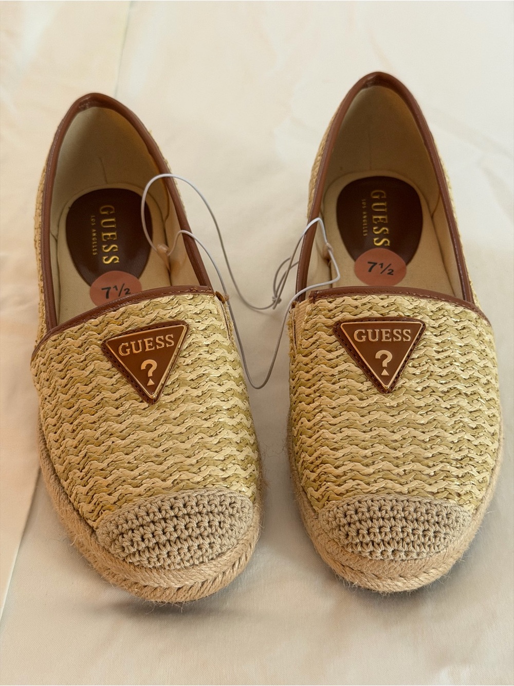 Guess Raffia Espadrille Slip-Ons in Beige and Brown Trim